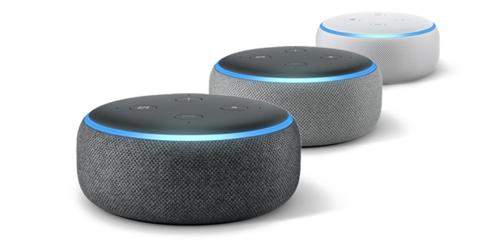 A showcase of three Amazon Alexa Echo Dot 3 units. One black, grey and white. All with a blue light ring on the top.