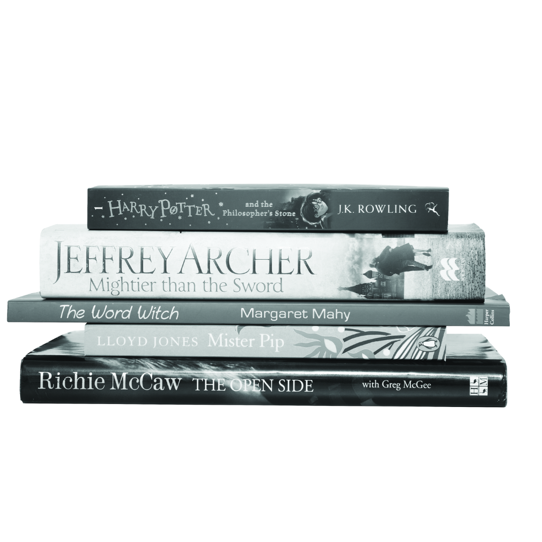 A stack of five popular books including books by JK Rowling, Jeffrey Archer, Margaret Mahy, and Richie McCaw.