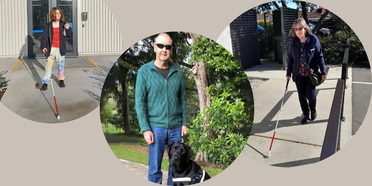A collage of three images, two featuring a person using a white cane, and one standing in a park with their guide dog. They are all outdoors with elements like trees and buildings around them.
