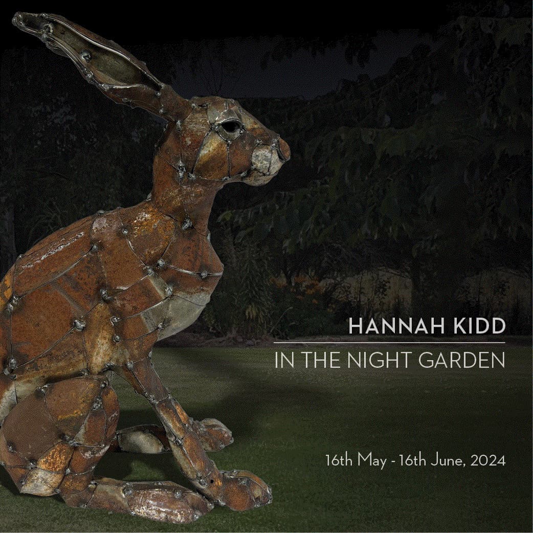 A graphic for the Art Gallery event. In text: Hannah Kidd, In The Night Garden, May 16 to June 16.