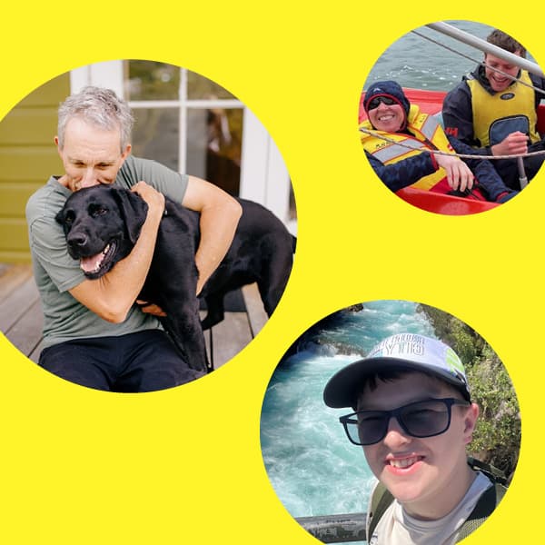 A collage of three photos on a yellow background. The photo on the left is of a man sitting on a deck, hugging his dog. The photo on the top right is a closeup of two people in a boat, smiling. The photo on the bottom right is a selfie of a man wearing sunglasses and a hat on a bridge with a river in the background.