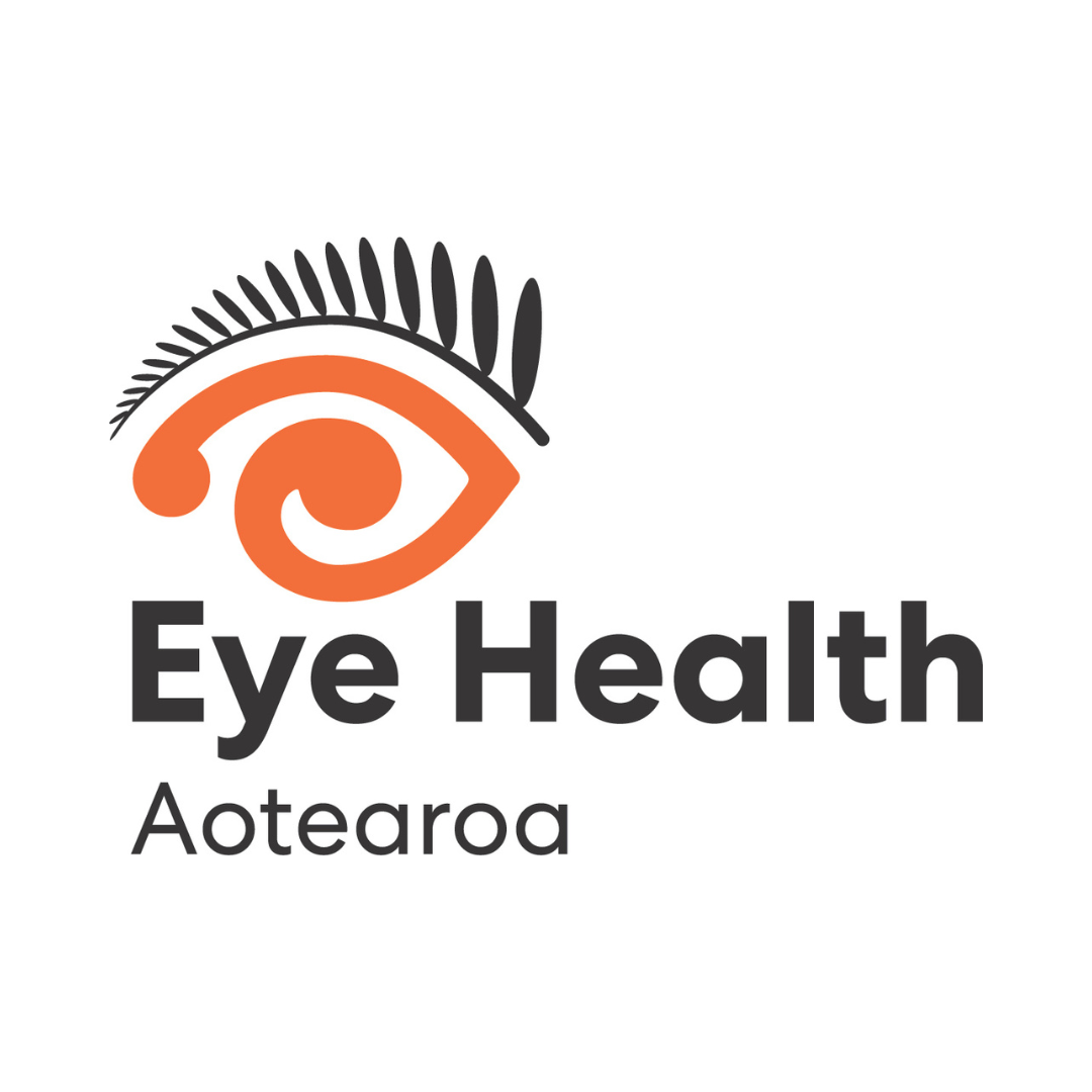 An orange image of an eye in a Maori design with a white fern as an eyebrow. To the right is the text "Eye Health Aotearoa" against a white background.