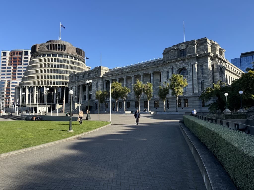 A view outside New Zealand's Parliament buildings on a sunny day.