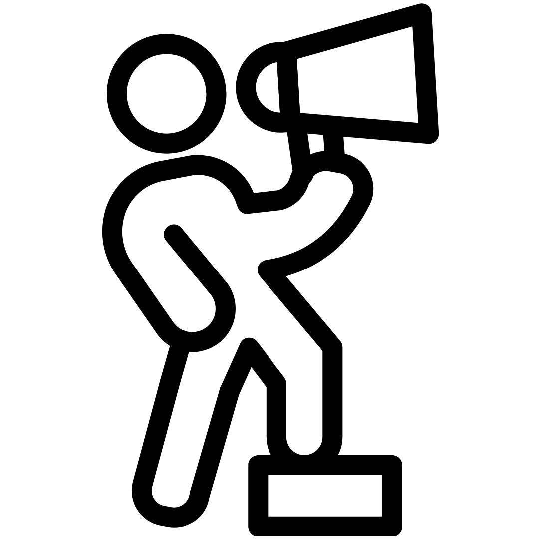 A black and white image of a person holding a megaphone