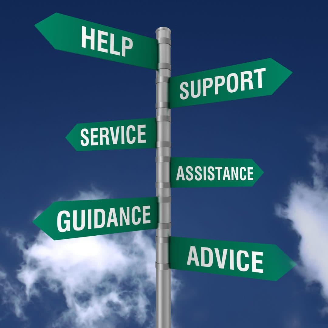 Signs on a signpost labelled help, support, service, guidance, advice, assistance.