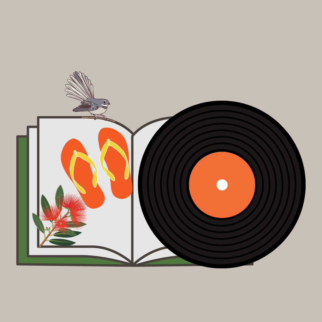 A record overlapping a book with Kiwi icons.