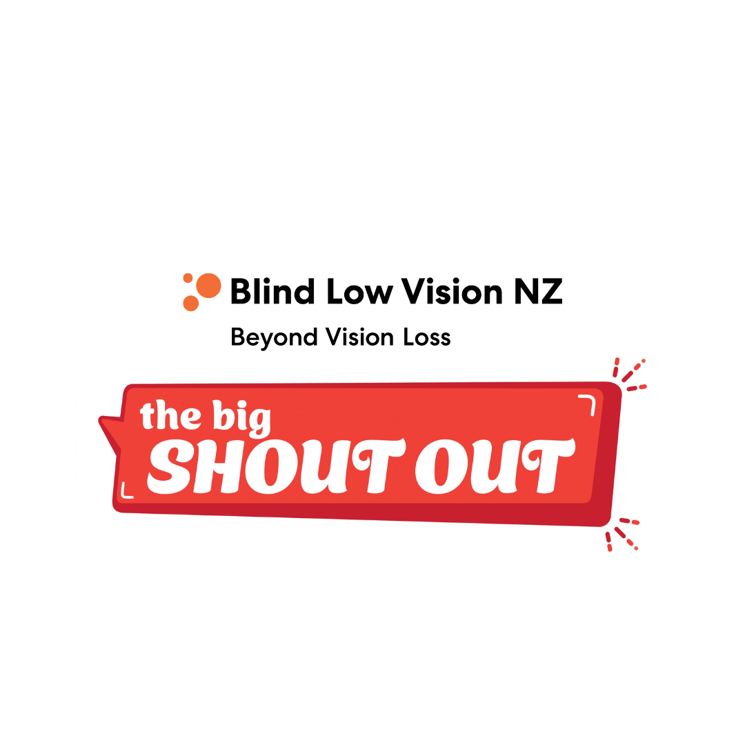 The Blind Low Vision NZ Logo with the three orange dots above the red Big Shout Out logo.