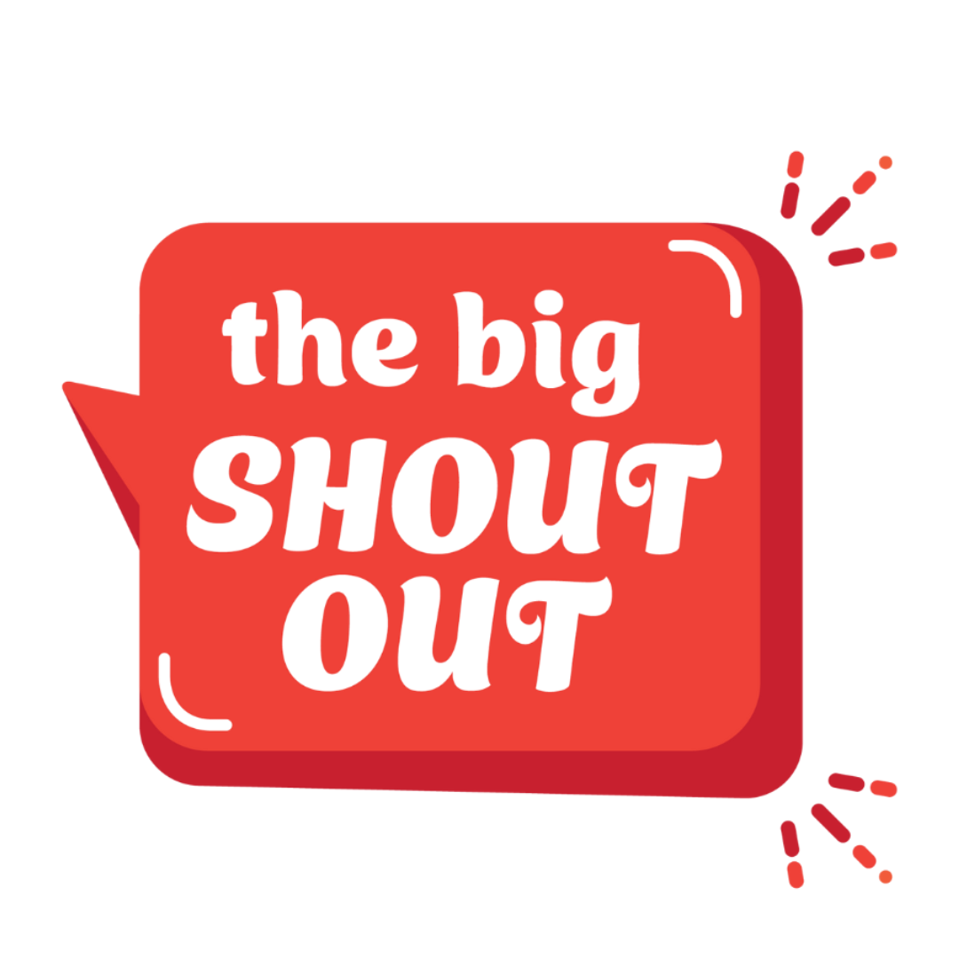 A red logo of a sppeechbubble with white text inside "The Big Shout Out."
