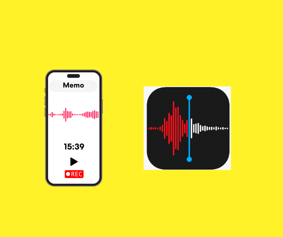 A smart phone with a voice memo app on the screen alongside a graphic of a sound level meter against a bright yellow background.