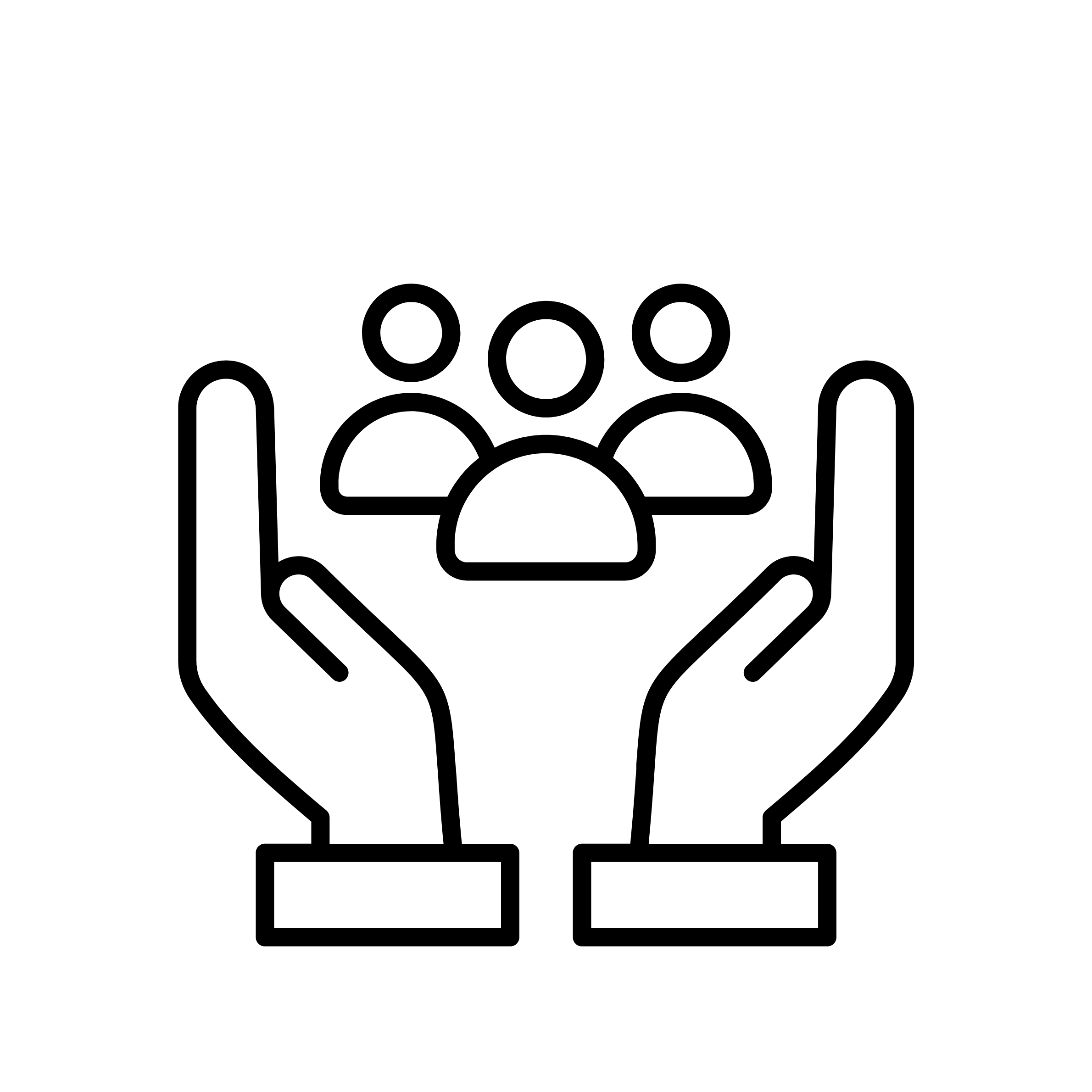 A black and white illustration of two hands extending toward a group of people.