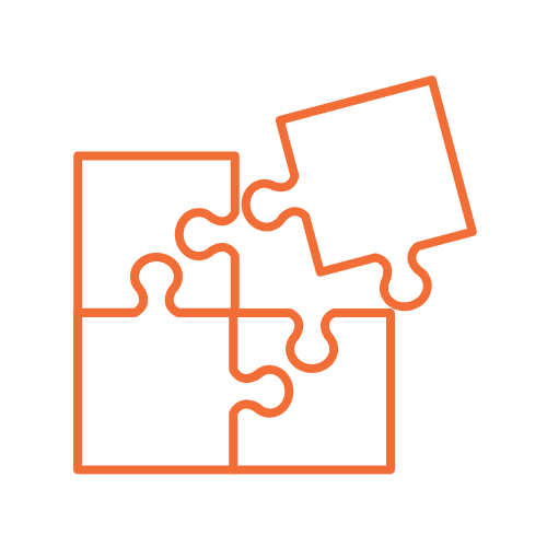 An orange jigsaw with a piece starting to connect with the rest of the shapes