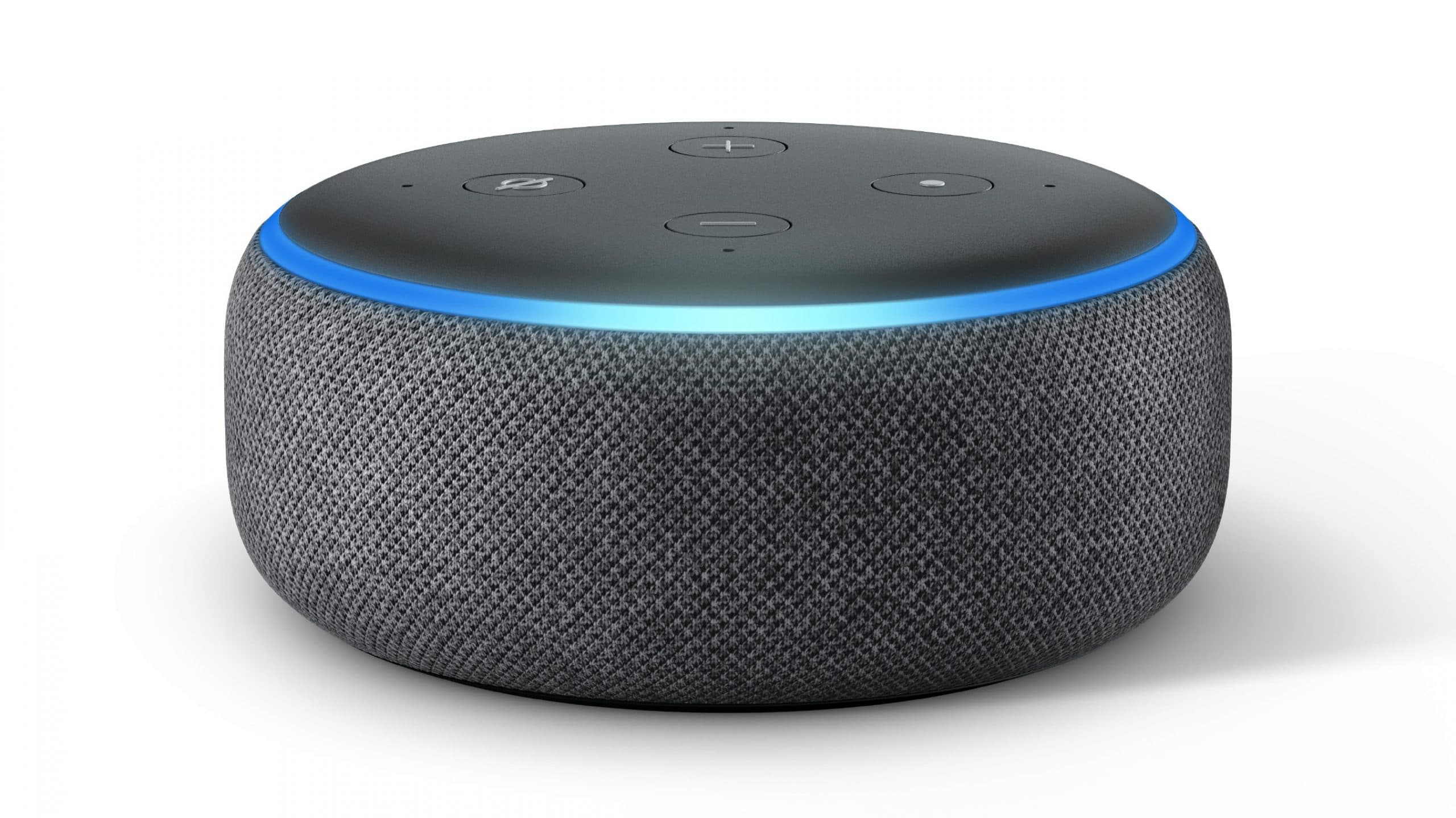 A close up of the Amazon Alexa Echo Dot 3 in a black colour with a blue ring of light on the top.
