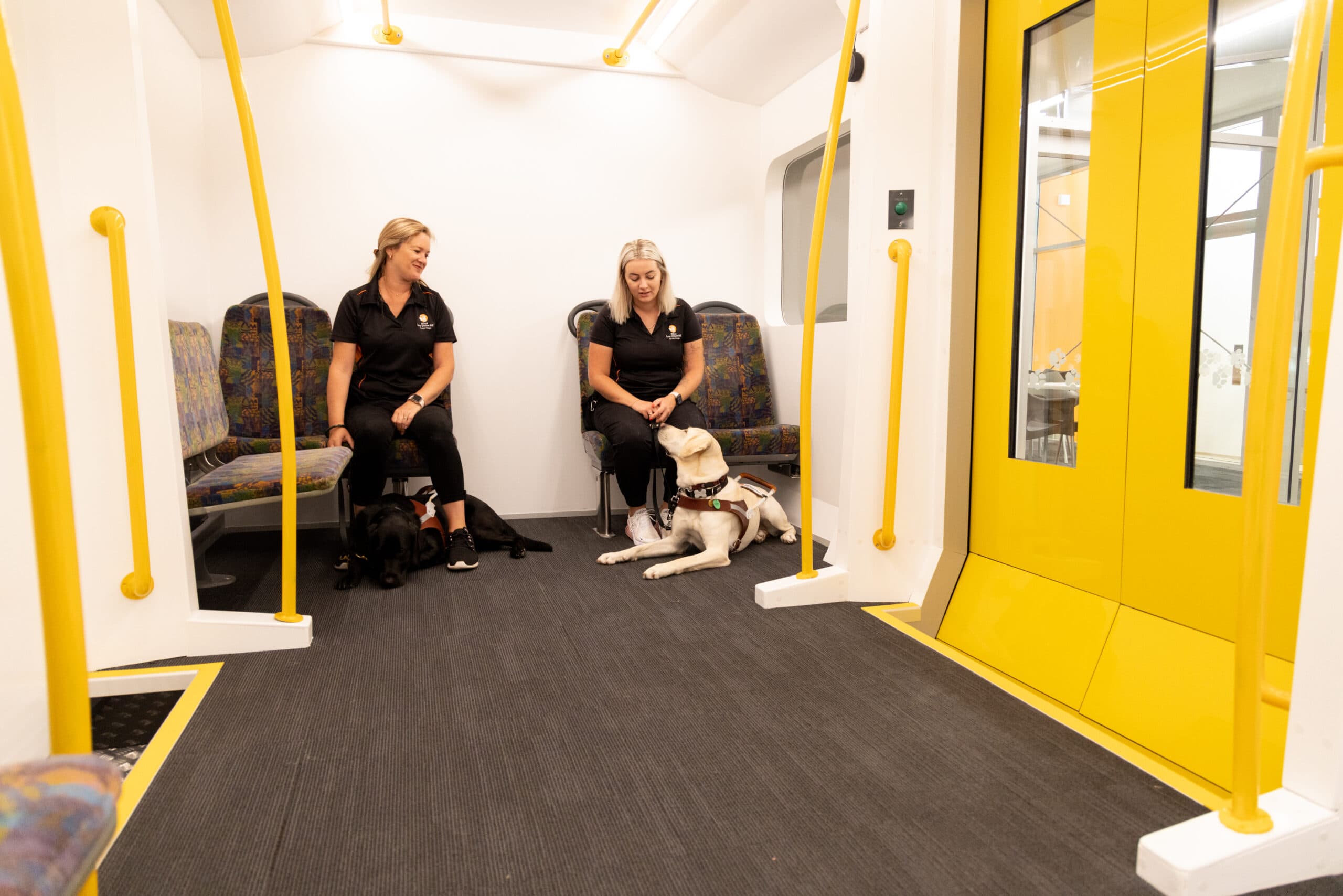 Two Guide Dog trainers sitting with their Guide Dogs inside a simulated train.