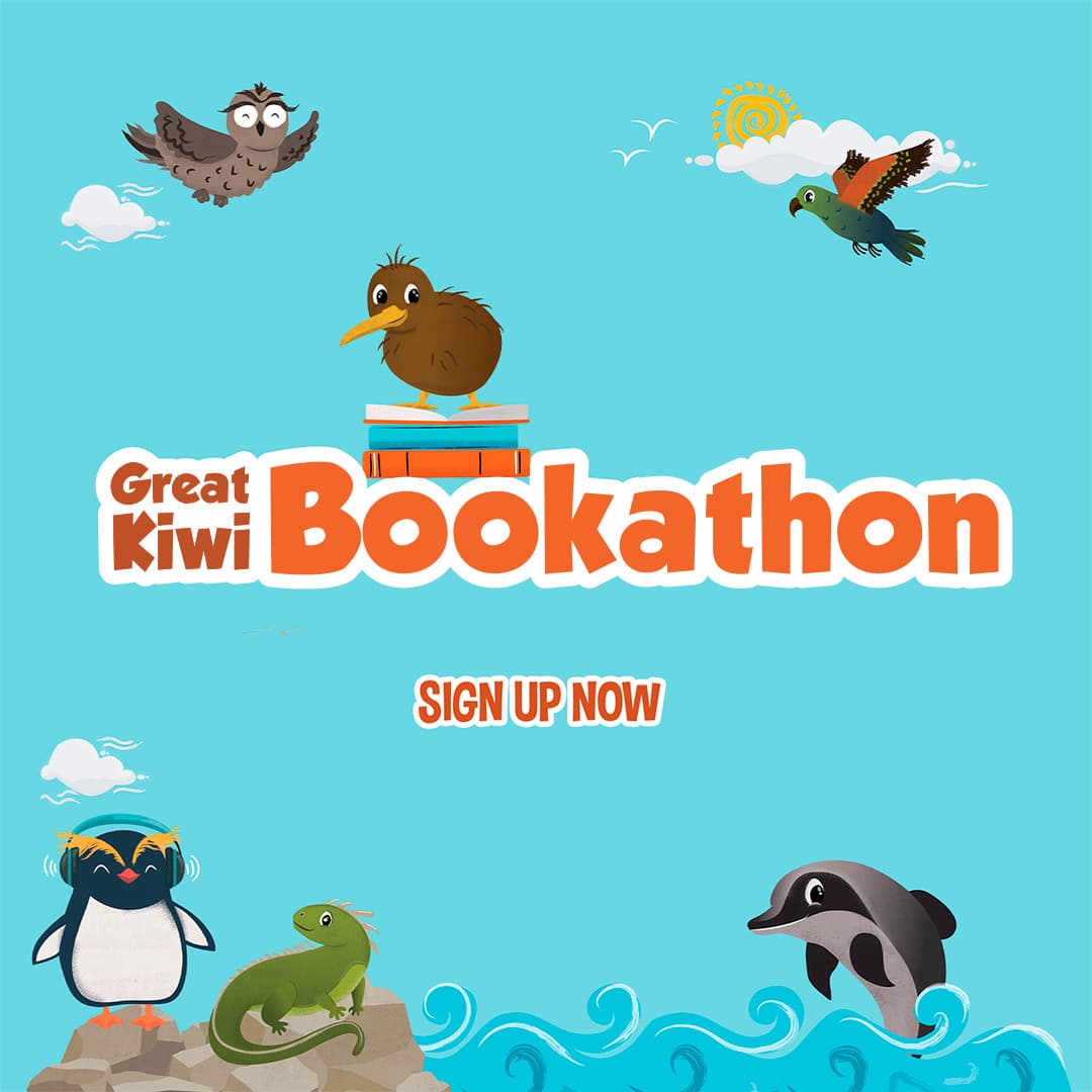 Blind Low Vision Great Kiwi Bookathon logo with 'Sign up now' call to action. Featuring cartoon owl, kea, kiwi on a skateboard, penguin with earmuffs, tuatara, and dolphin.