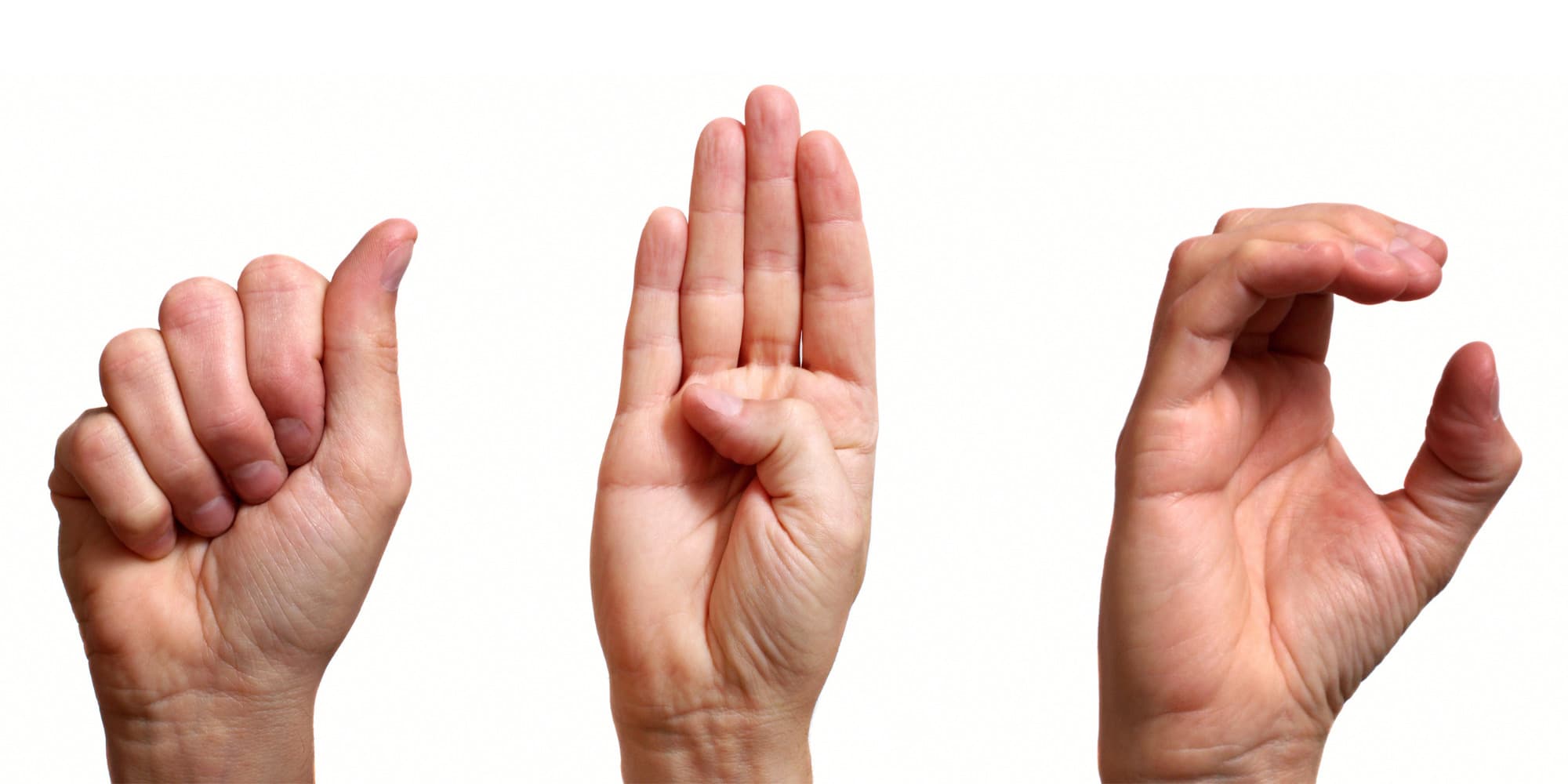 Three hands each showing the letters "ABC" in sign language.