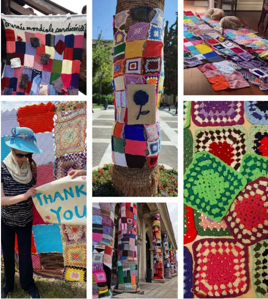A collage of six photos of colourful yarn bombing. One photo has knitting wrapped around a tree, another photo depicts knitting enveloping pillars of a building. The yarn bombing is an assortment of colours, shapes and textures, brightening up a space, one stitch at a time.