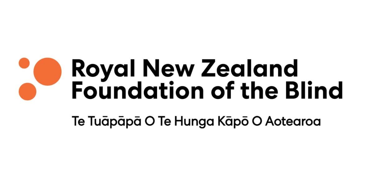 Logo of the Royal New Zealand Foundation of the Blind. In te reo Māori, Te Tuāpāpā o Te Hunga Kāpō o Aotearoa.
