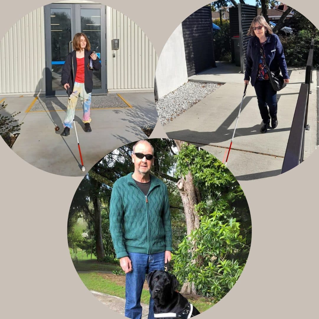 A collage of three images, two featuring a person using a white cane, and one standing in a park with their guide dog. They are all outdoors with elements like trees and buildings around them.