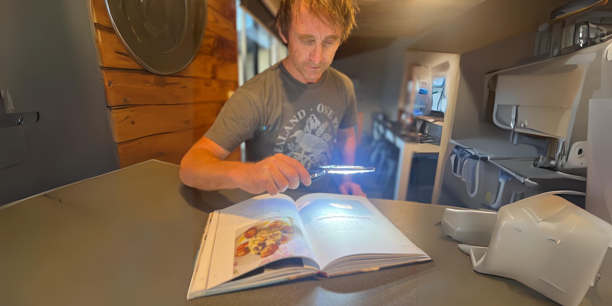 A person is seated at a kitchen counter, reading a book with the aid of a magnifier with flashlight. The kitchen is well-equipped with various appliances, and the counter is spacious and clean.